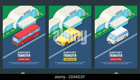 Airport transfer, vector isometric 3D illustration. Banner, poster, flyer layout. Taxi or shuttle bus travel service. Stock Vector