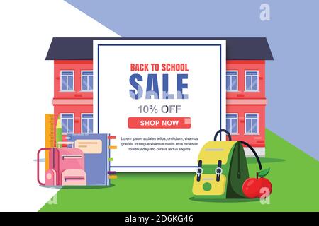 Back to school sale vector banner, poster template. Education white frame background with school building and stationery supplies. Stock Vector