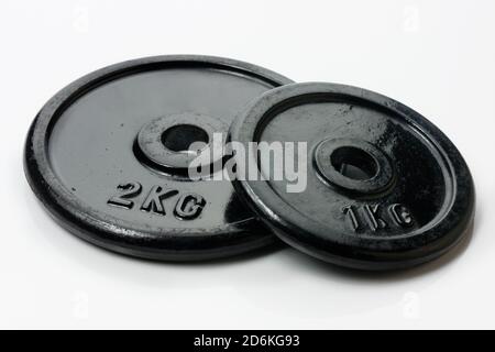 weight plates on white background. Sporting equipment Stock Photo