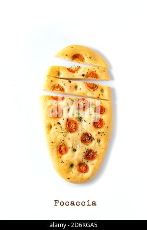Traditional Italian Focaccia with tomatoes and herbs isolated on white background. Homemade flat bread focaccia. Stock Photo