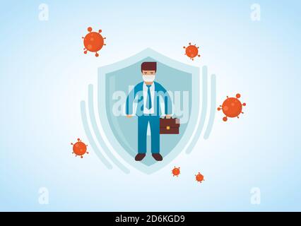 Businessman wearing virus protective medical mask and suit holding briefcase. Business protection from COVID-19 concept. Stop coronavirus spreading Stock Vector