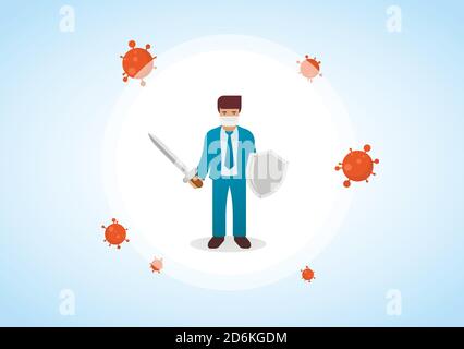 Businessman wearing virus protective medical mask and suit holding sword and shield to protect from COVID-19. Stop coronavirus spreading. Vector Stock Vector