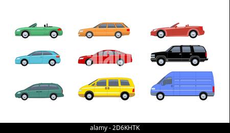 Flat cars set.  Minivan cabriolet and pickup. Bus and suv truck. Urban city cars and vehicles transport vector flat icons. Cabriolet and truck car and Stock Vector