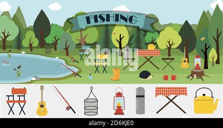 A set of flat vector leaflets for summer fishing, Hiking, picnic and tourism. Big banner with a picnic table, basket of mushrooms, fire, fishing rod, guitar and camping equipment. Picture with a rear view of lake and forests. Illustrations for an ad, website, app, banner, or booklet. Stock Vector