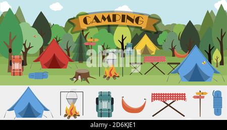 A set of flat icons for camping. Equipment for Hiking, mountaineering and camping-a set of icons and infographics. Tree house, tent, camping utensils, backpack and scout tools. Stock Vector