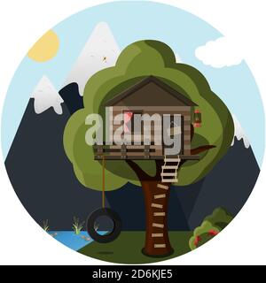 flat tree house in the forest against the background of mountains and lake. Cute vector house for children with a ladder, a tire swing and a camping lantern. Image for camping, scouts, Hiking, adventures in the woods Stock Vector