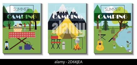 A set of flat vector leaflets for summer camping, Hiking and tourism. Three flyers with a tent, picnic table, basket of mushrooms, fire, fishing rod, guitar and camping equipment. Flyers with a rear view of mountains and forests. Illustrations for an ad, website, app, banner, or booklet. Stock Vector