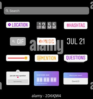 Instagram Stickers. Youtube. Social Media Interface Stickers. Sticker Set. Social Media. Hashtag, Emoji Slider, Countdown Timer, Location, Question Stock Vector