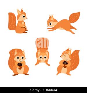 Cute cartoon squirrels set. Funny woodland character isolated on white background. Vector illustration. Stock Vector