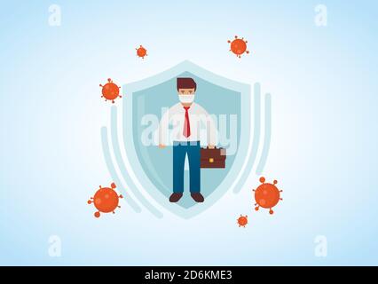 Businessman wearing virus protective medical mask holding briefcase. Business protection from COVID-19 concept. Stop coronavirus spreading. Vector Stock Vector