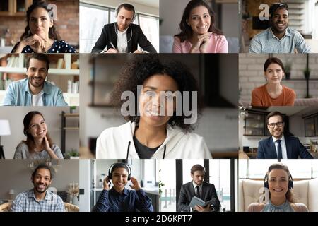 Head shot diverse business people partners engaged in online conference Stock Photo