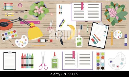 Top view of a working wooden table with stationery. Flat vector illustration of a work space for a schoolboy, student, or office worker. A set of isolated items books, notebooks, markers, pens, folders, paints, scissors, paper clips, palettes, glasses, rulers. Banner for a web, ad, or app. Stock Vector