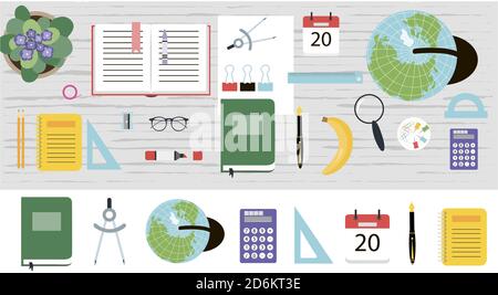 Top view of a working wooden table with stationery. Flat vector illustration of a work space for a schoolboy, student, or office worker. A set of isolated items books, notebooks, markers, pens, folders, paints, scissors, paper clips, palettes, glasses, rulers. Banner for a web, ad, or app. Stock Vector