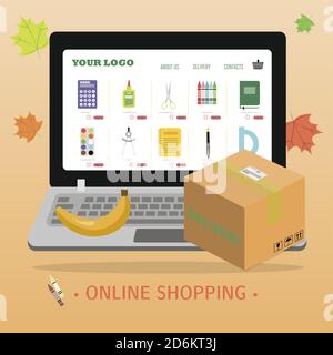 Online store selling school supplies with home delivery. Vector illustration of a website on a laptop screen selling products over the Internet. Ads for mobile apps that sell pens, pencils, notebooks, paints, backpacks, brushes, paper clips, rulers, and books. Back to school, autumn banner. Stock Vector