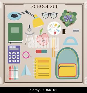 A set of vector office supplies, school and office attributes. Flat design of insulated pencils, pens, rulers, backpack, globe, paints, palettes, brushes, books, notebooks, compasses, telescope. Illustration for a store, school, University, or office supplies. Top view of written objects Stock Vector