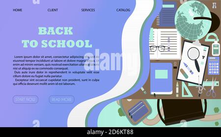 Online store selling school supplies with home delivery. Vector illustration of a website on a laptop screen selling products over the Internet. Ads for mobile apps that sell pens, pencils, notebooks, paints, backpacks, brushes, paper clips, rulers, and books. Back to school, autumn banner. Stock Vector