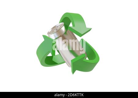Soda can surrounded by the recycle symbol isolated on white background. 3d illustration. Stock Photo