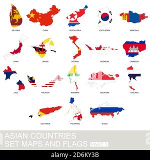 Asian countries set, maps and flags, Part 2 Stock Vector