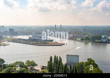 Rotterdam, Netherlands - April 29, 2019 : SS Rotterdam cruise ship in Rotterdam harbor aerial view in daylight Stock Photo