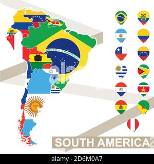 South America map with flags, South America map colored in with their flag. Vector Illustration. Stock Vector