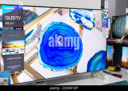 Tiraspol, Moldova - January 19, 2019: Samsung QLED televisions at electronics store in Tiraspol.