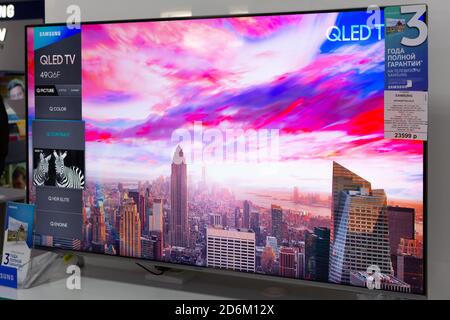 Tiraspol, Moldova - January 19, 2019: Samsung televisions at electronics store Hi-tech in Tiraspol.