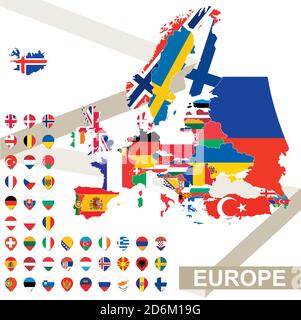 Europe map with flags, Europe map colored in with their flag. Vector Illustration. Stock Vector