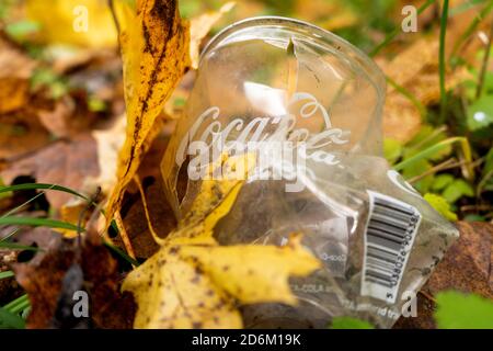 Old Coca cola disposable plastic cup in the forest. Plastic recycling, pollution and global warming theme. Industries impact on the environments. Stock Photo