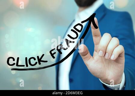 Handwriting text Click Fraud. Conceptual photo practice of repeatedly clicking on advertisement hosted website digital arrowhead curve rising upward d Stock Photo