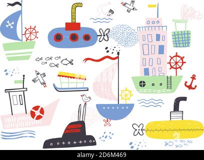 Set of funny cute hand drawn kids toy water transport for nursery decoration. Baby bright cartoon boat, yacht, hovercraft, water-bus, steamship Stock Vector