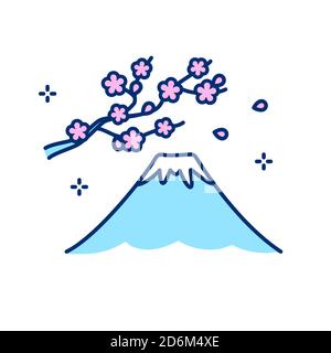 Mount Fuji with cherry tree blossom branch, symbol of Japan. Japanese sakura, simple flat line icon style. Isolated vector illustration. Stock Vector