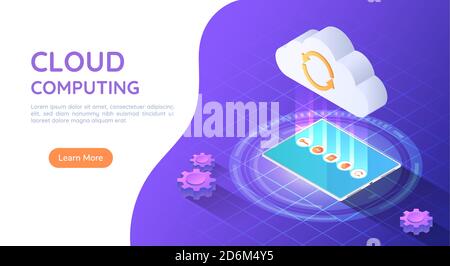 3d Isometric Web Banner Tablet PC Uploading File to Cloud. Cloud Computing Technology Concept. Stock Vector