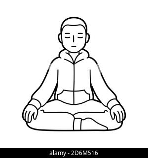 Meditating young man sitting in burmese position. Home meditation practice. Simple black and white line art drawing, vector illustration. Stock Vector