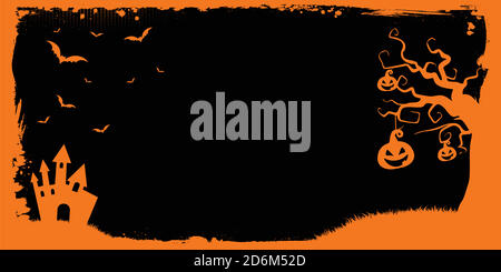 The horizontal vector Happy Halloween banner background template with orange grunge border, bat, pumpkin Stock Vector