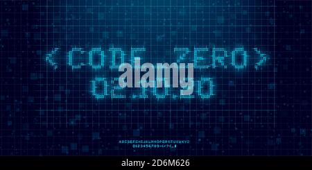 Futuristic cyberpunk glitch font. Blue glowing digital English alphabet. 8 bit Latin letters, numbers and symbols. Design for promo electronic music Stock Vector