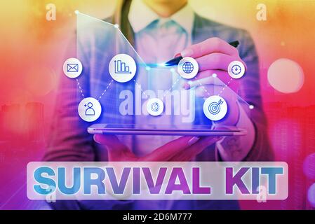 Handwriting text writing Survival Kit. Conceptual photo Emergency Equipment Collection of items to help someone Arrow symbol going upward denoting poi Stock Photo