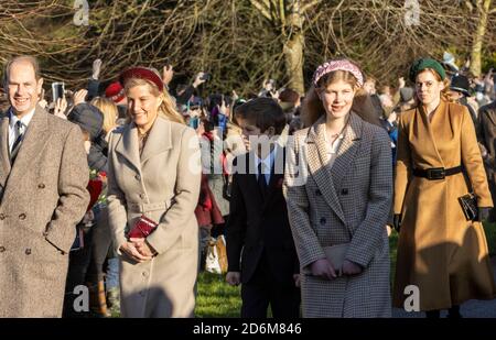 Prince Edward Earl of Wessex with Sophie Countess of Wessex, Lady Louise Windsor and James Viscount Severn at Sandringham on Christmas Day 2019. Stock Photo