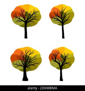 Autumn trees vector set. Abstract autumnal tree collection. Cartoon illustration isolated on white background. Set of modern clip-art element. Colourf Stock Vector