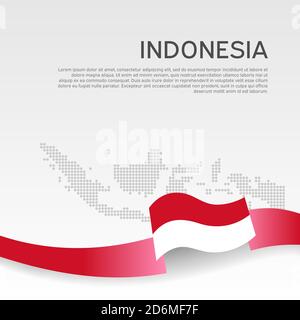 Indonesia wavy flag and mosaic map on white background. Wavy ribbon indonesia flag colors. National poster. Vector design. Business booklet. State pat Stock Vector