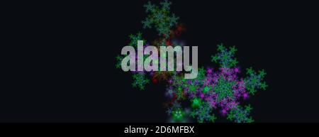 Christmas colorful computer generated fractal abstract panoramic background. Multi colored snowflakes over dark space Stock Photo