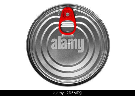 Close up photo of aluminium can isolated on white background with red opener. Aluminium can background.. Aluminium beverage can top view. Drink can. M Stock Photo