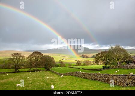Rainbow over  the Yorkshire dales countryside farmland with the  mountain of Pen-y-ghent  on the Pennine Way in the distance Stock Photo