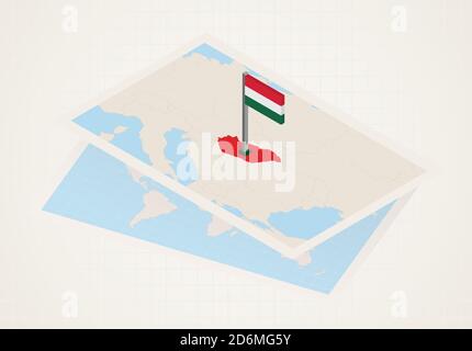 Hungary selected on map with isometric flag of Hungary. Vector paper map. Stock Vector