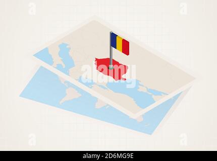 Romania selected on map with isometric flag of Romania. Vector paper map. Stock Vector