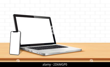 Laptop and smart phone with blank screen on table Stock Vector