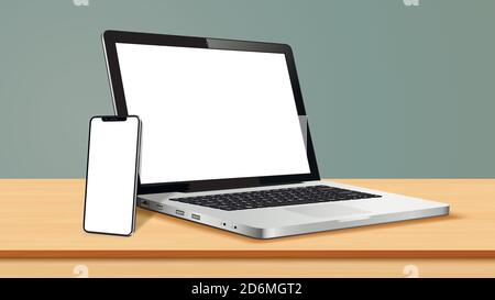 Laptop and smart phone on wooden table Stock Vector