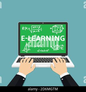 E-learning flat illustration of human hand using laptop for distance elearning Stock Vector