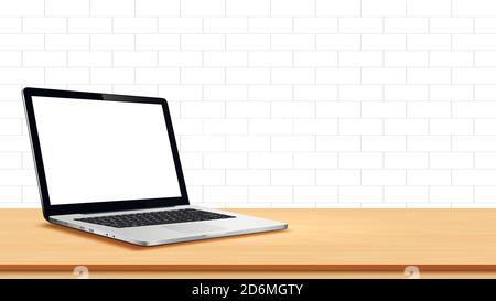 Laptop on table against white wall Stock Vector