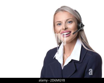 Woman with call center headset on white background. Technical support concept. Stock Photo