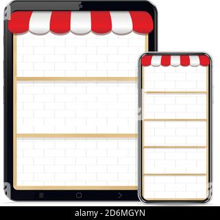 Store shelves in phone and tablet , online e-commerce mobile shopping concept. Mobile store in phone and tablet pc. Stock Vector